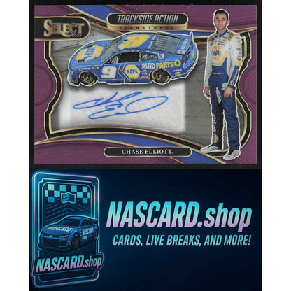 2025 Panini Select Chase Elliott Trackside Action Signatures Purple Prizms #/49