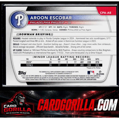 2025 Bowman #CPA-AE Aroon Escobar Chrome Prospect Autographs