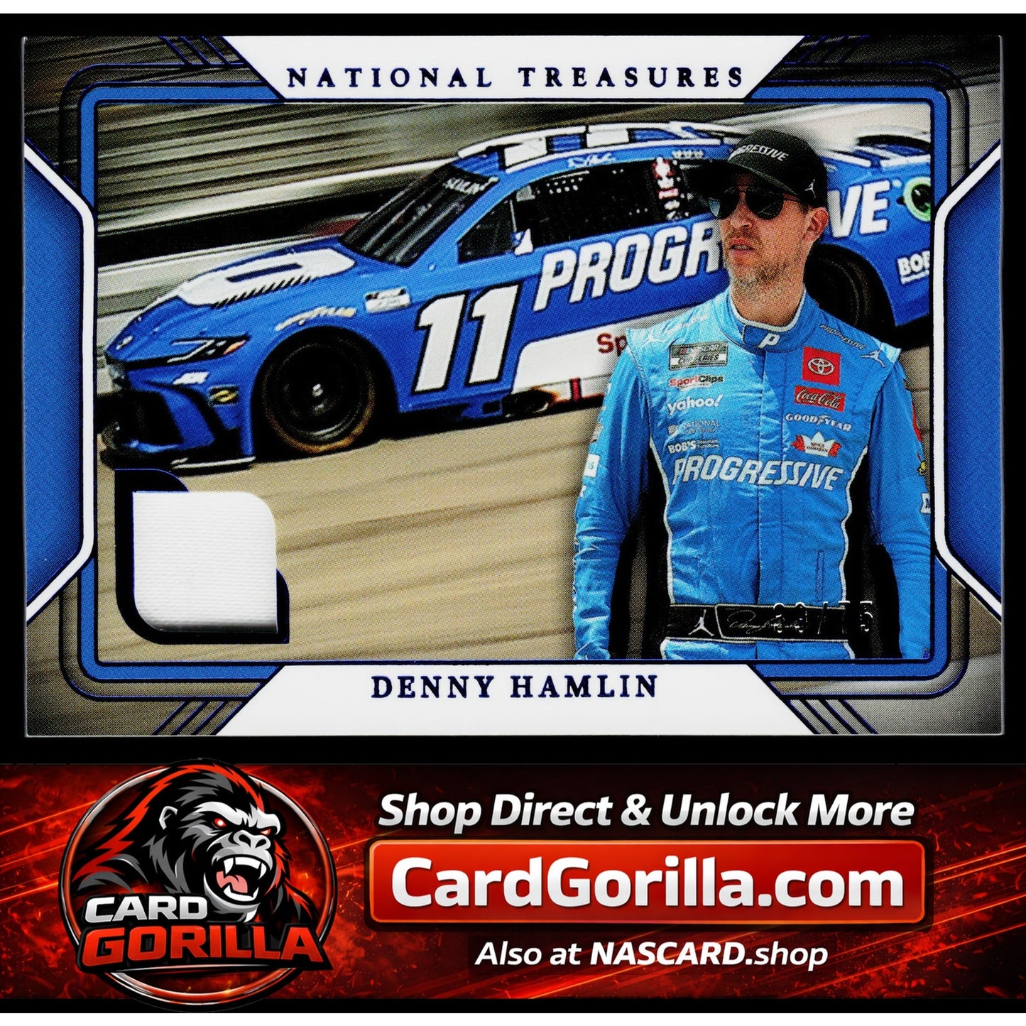 2025 Panini National Treasures #TG-DHN Denny Hamlin Track Gear Blue #/75