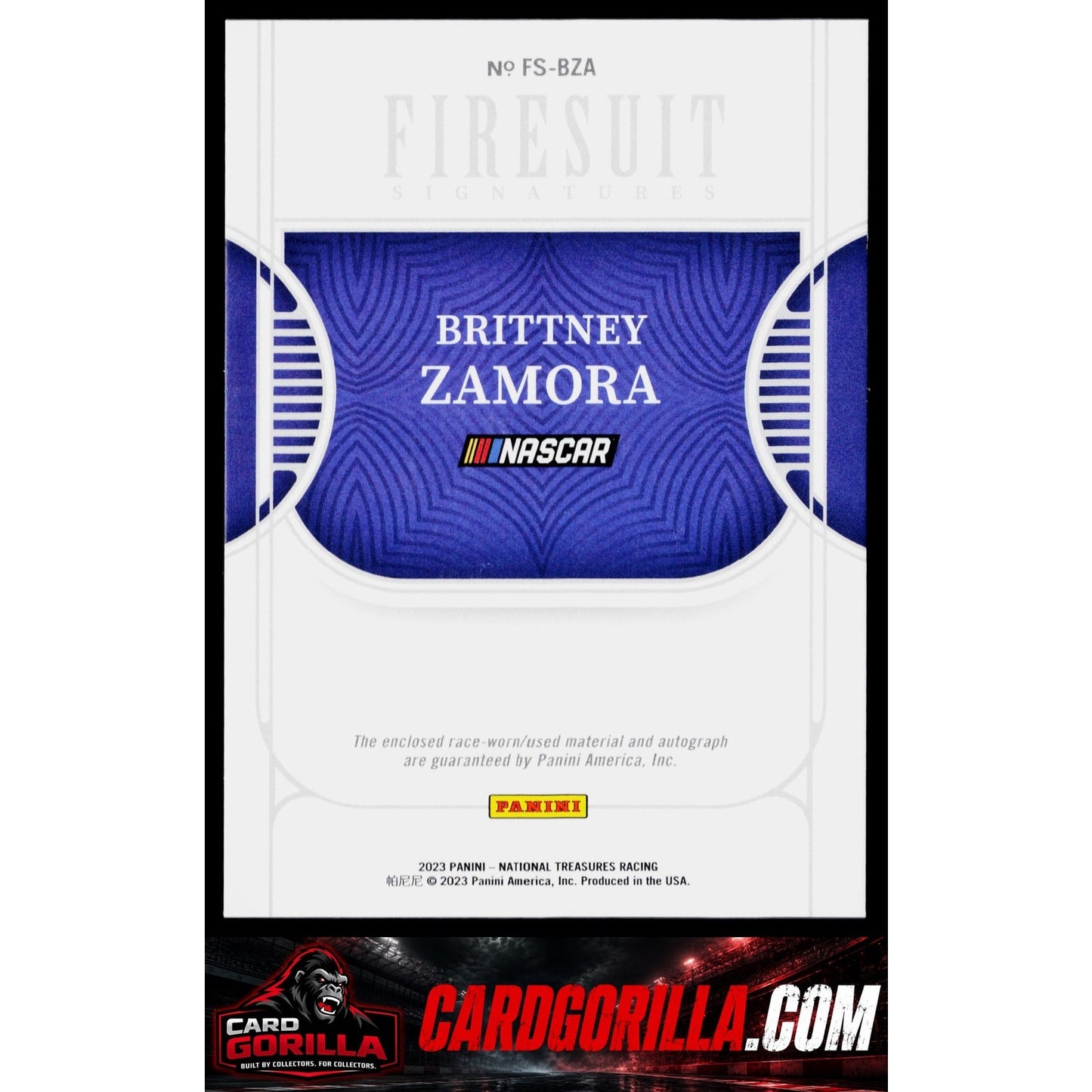 2023 Panini National Treasures #FS-BZA Brittney Zamora Firesuit Signatures #/99