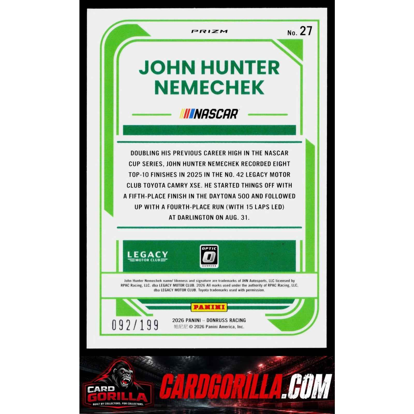 2026 Donruss #27 John Hunter Nemechek Optic Red Velocity #/199