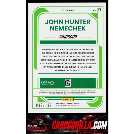2026 Donruss #27 John Hunter Nemechek Optic Red Velocity #/199