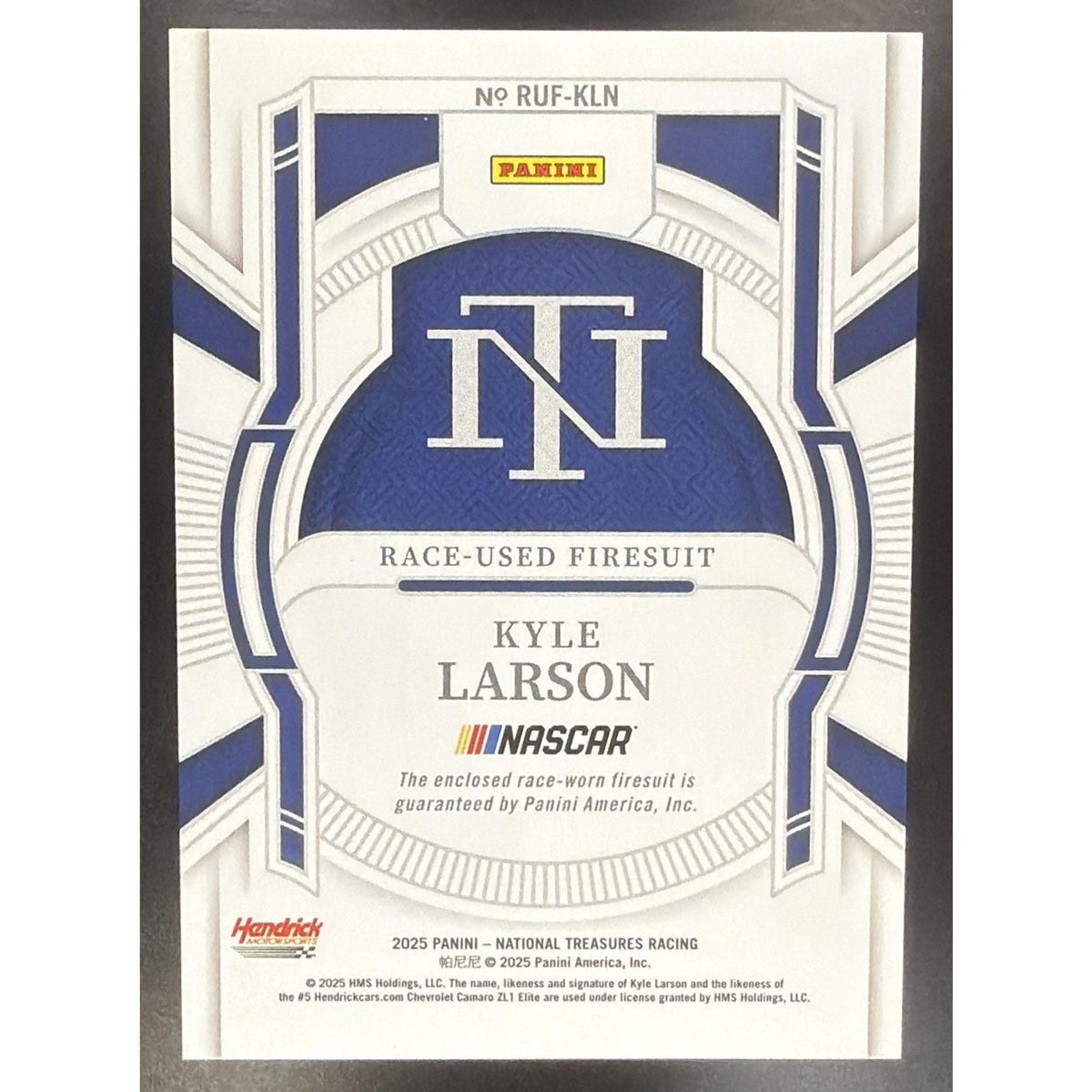 2025 Panini National Treasures Kyle Larson #15 Race Used Firesuit Blue 71/75 MEM