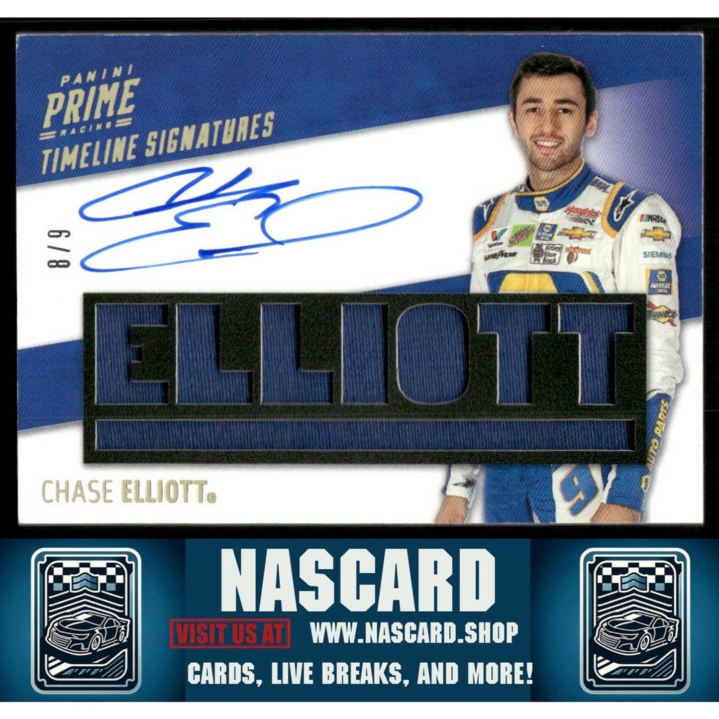 2019 Panini Prime #TS-CE Chase Elliott Timeline Signatures Name #/9 - NASCARD.shop