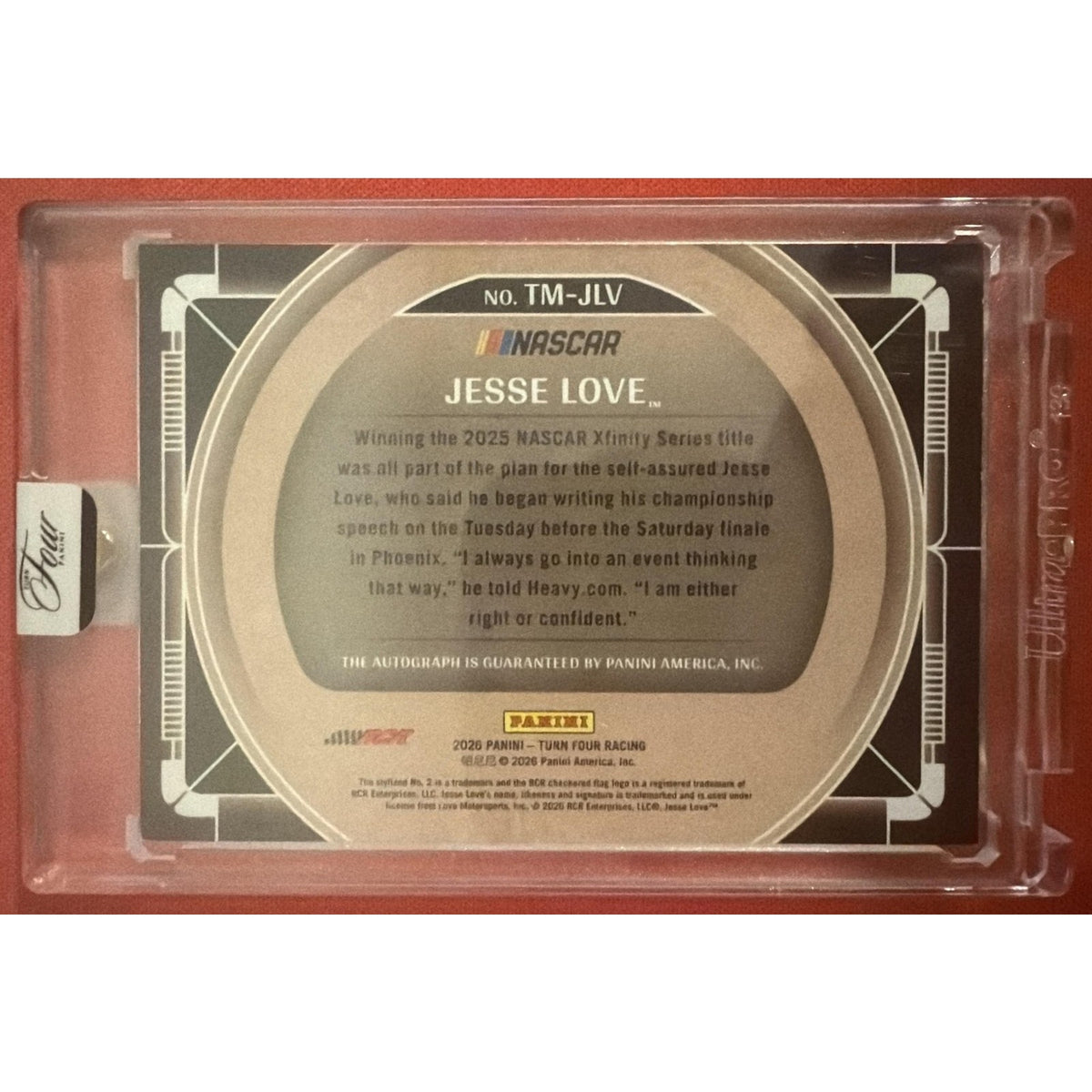 2026 Panini Turn Four Racing Jesse Love #11 Timeless Moments Purple 16/25 Auto