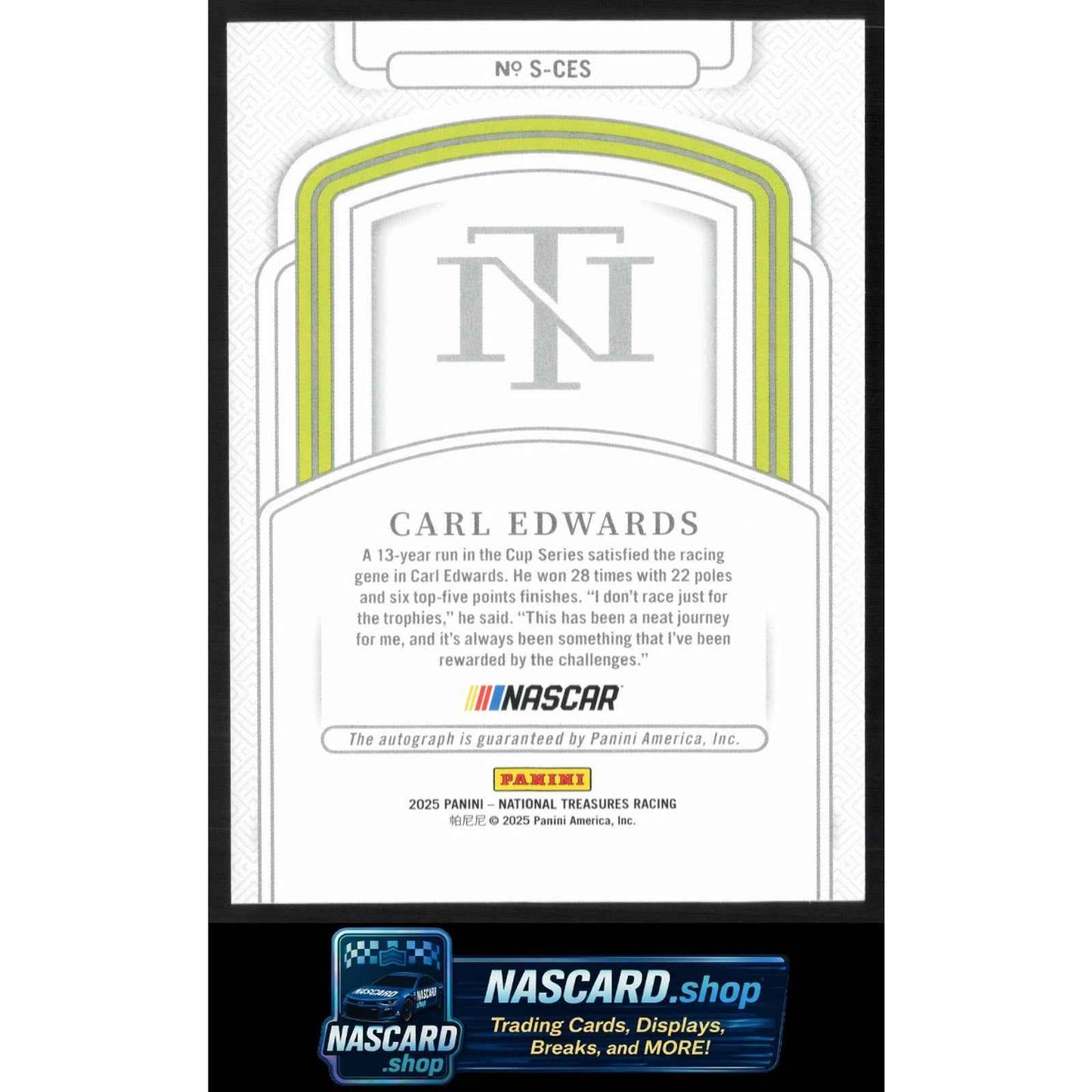 2025 Panini National Treasures #S-CES Carl Edwards Signatures Holo Silver #/25