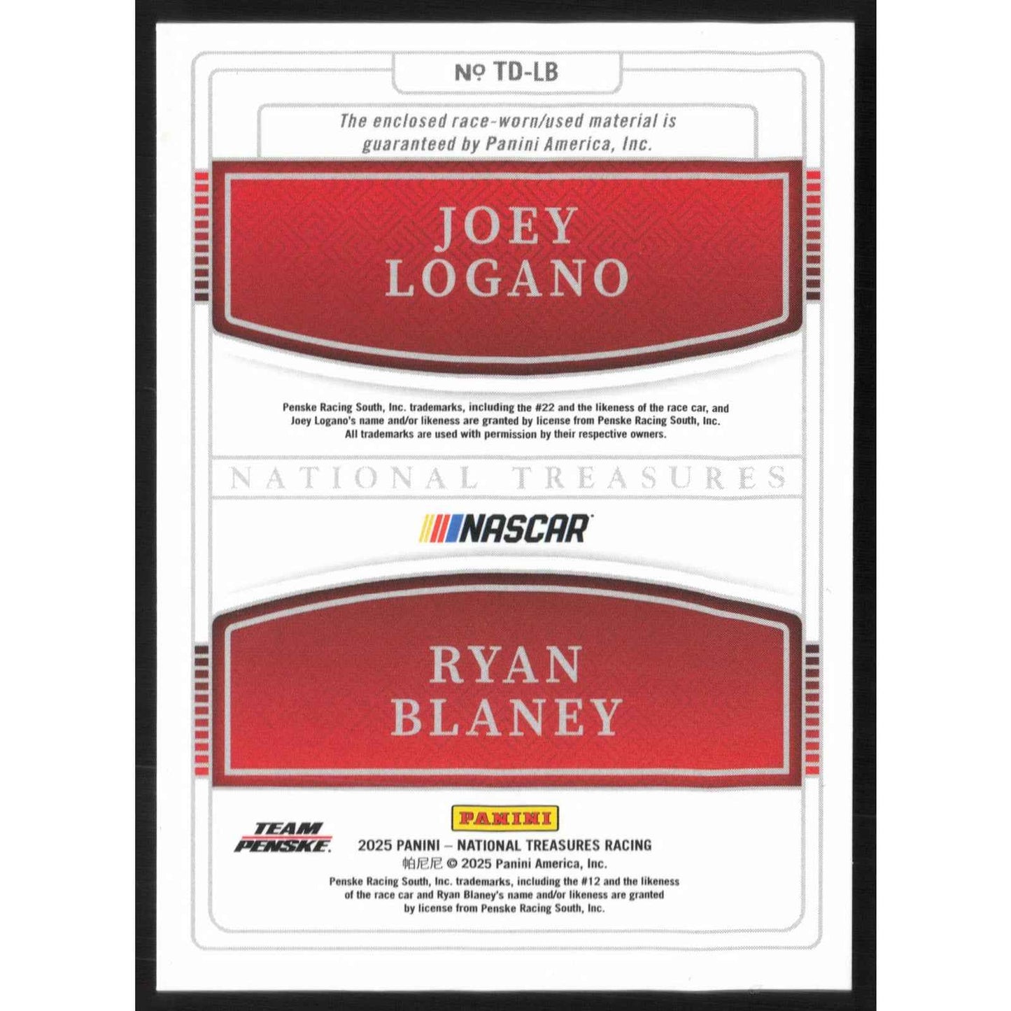 2025 Panini National Treasures #TD-LB Ryan Blaney/Joey Logano Team Duals #/75