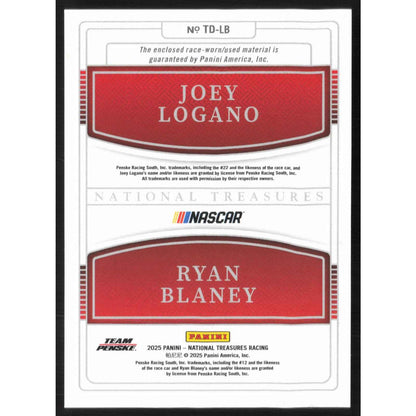 2025 Panini National Treasures #TD-LB Ryan Blaney/Joey Logano Team Duals #/75
