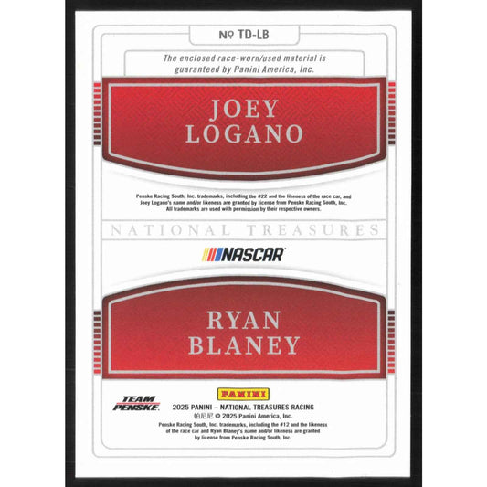 2025 Panini National Treasures #TD-LB Ryan Blaney/Joey Logano Team Duals #/75