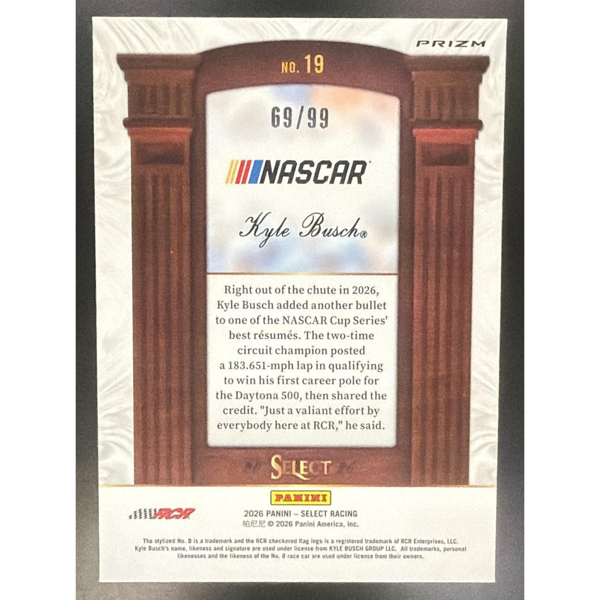 2026 Panini Select NASCAR Kyle Busch #19 Claim to Fame Red Prizms 69/99