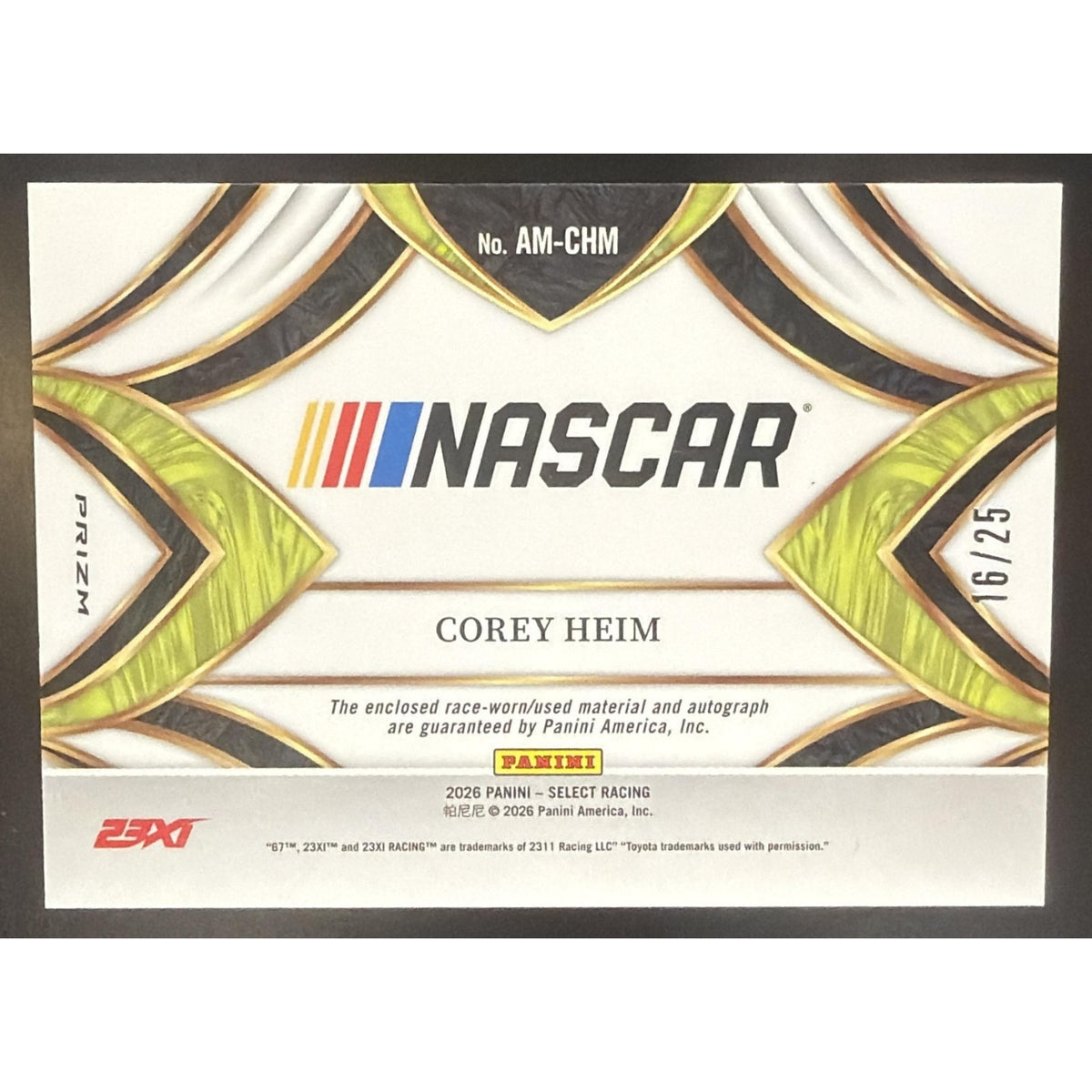 2026 Panini Select NASCAR Corey Heim #AM-CHM Auto Memorabilia Tie-Dye Prizms /25