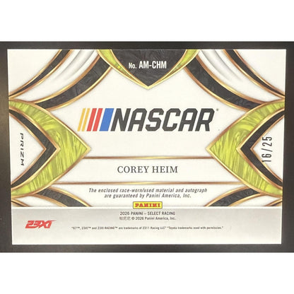 2026 Panini Select NASCAR Corey Heim #AM-CHM Auto Memorabilia Tie-Dye Prizms /25