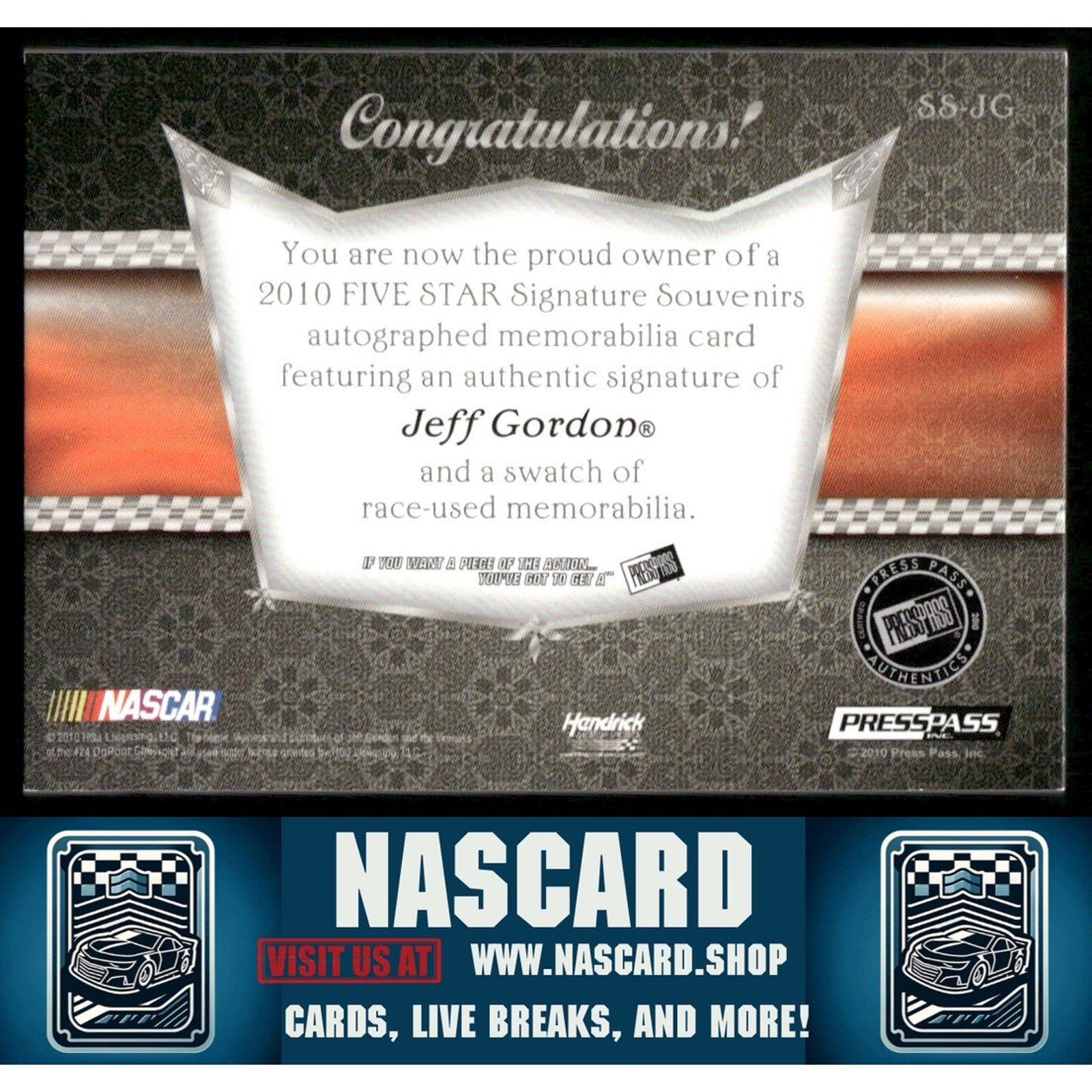 2010 Press Pass Five Star #SS-JG Jeff Gordon Signature Souvenirs Gold - Card Gorilla