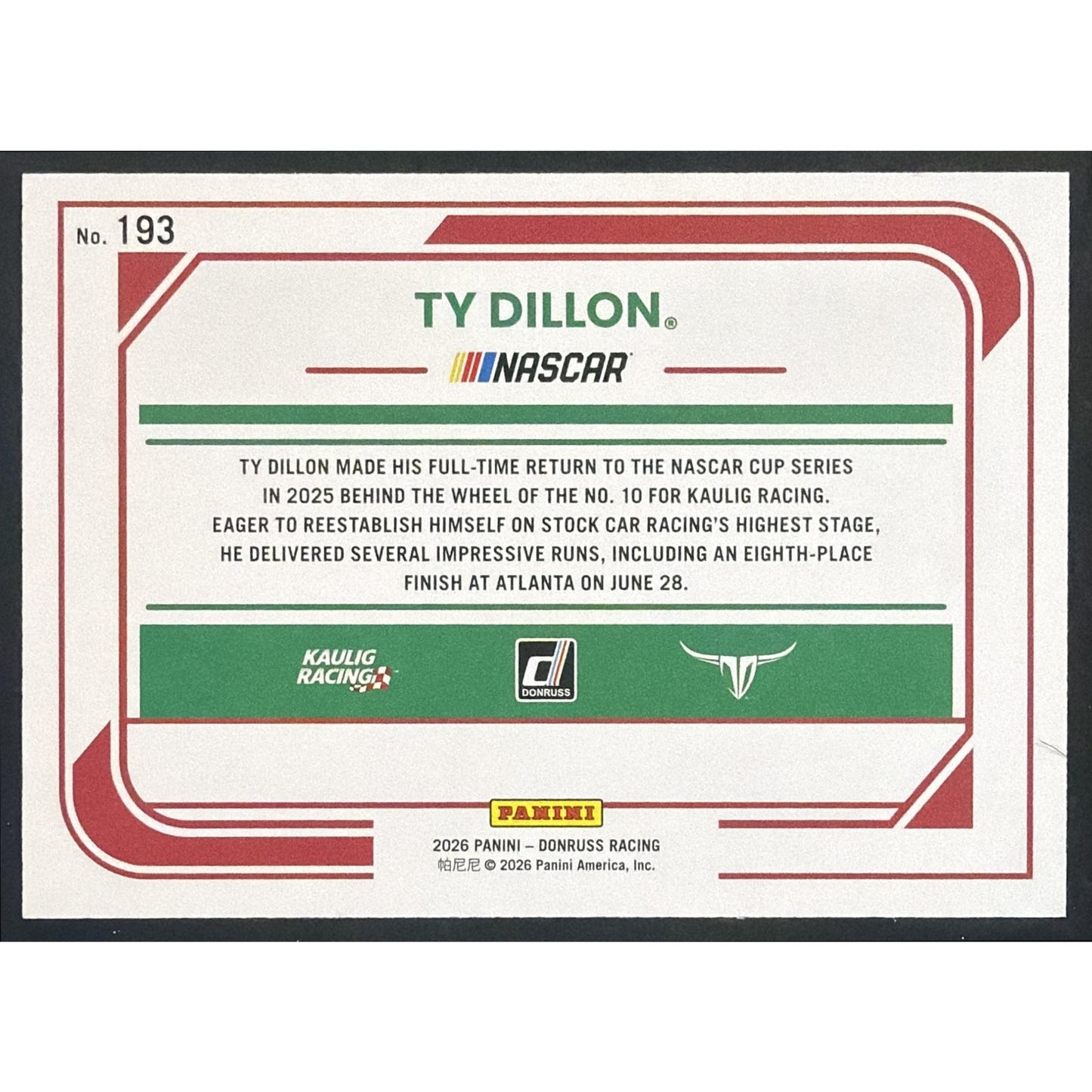 2026 Panini Donruss NASCAR Racing Ty Dillon #193 Rides Gold 10/10
