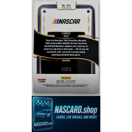 2025 Panini Select Trackside #254 Corey Day Gold Power Plaid #/13 RC