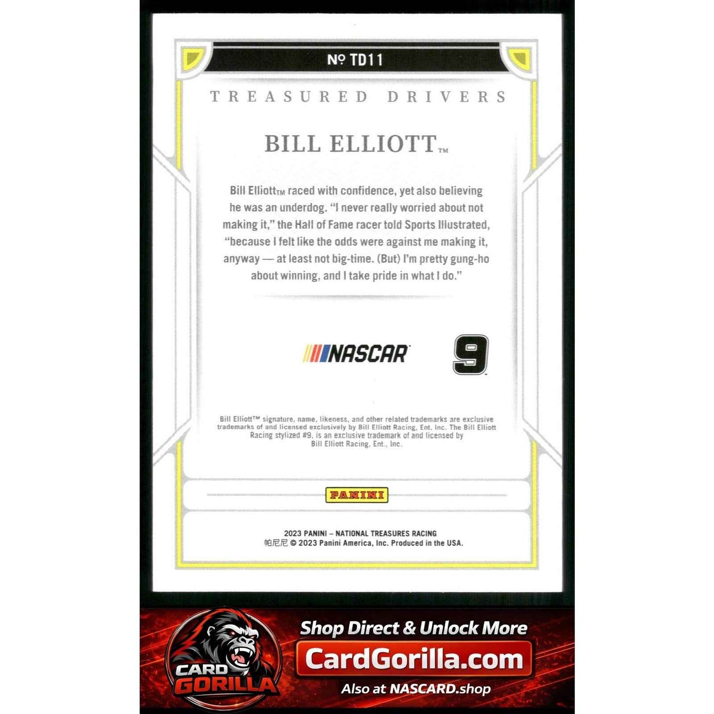 2023 National Treasures #TD11 Bill Elliott Treasured Drivers Holo Gold #/10