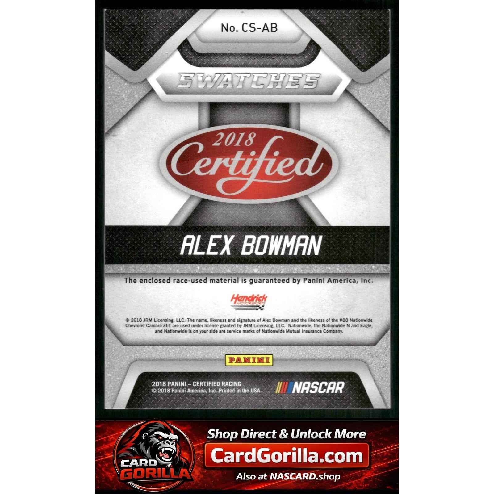 2018 Panini Certified #CS-AB Alex Bowman Cup Swatches Purple #10/10
