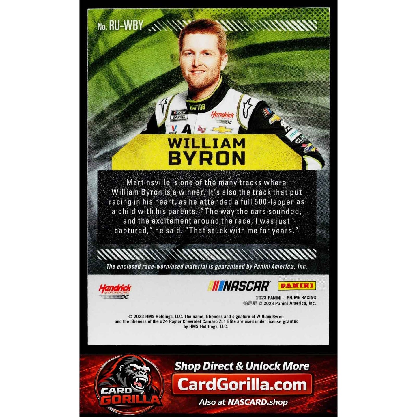 2023 Panini Prime #RU-WBY William Byron Race Used Firesuits #/99