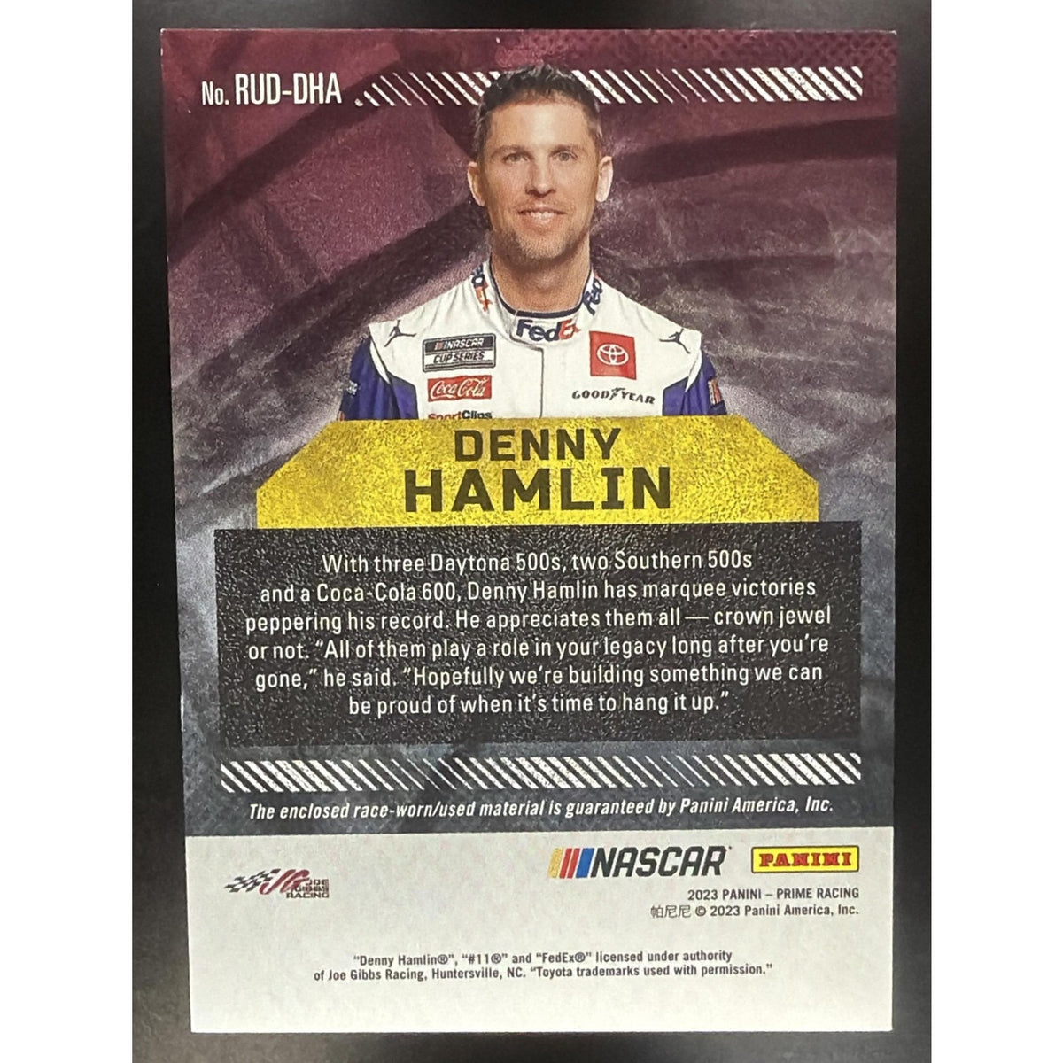 2023 Panini Prime Denny Hamlin #RUD-DHA Race Used Duals Sheet Metal 22/99 MEM