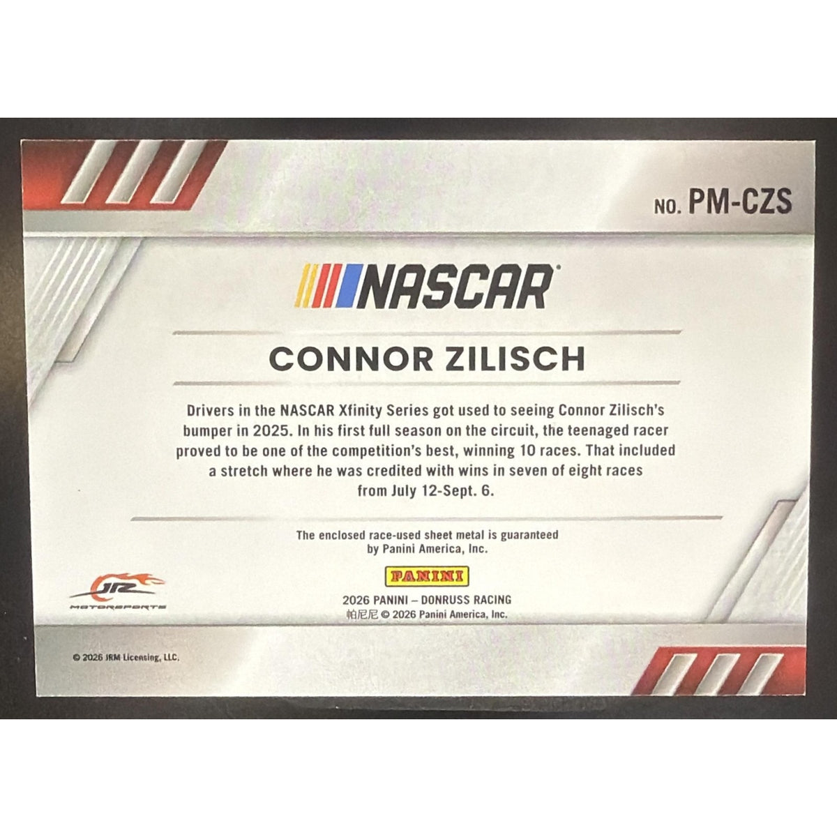 2026 Panini Donruss NASCAR Racing Connor Zilisch #3 Pedal to the Metal Materials