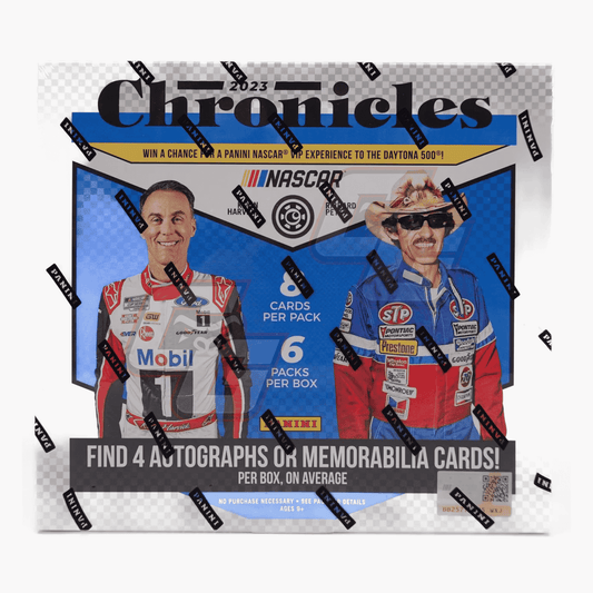 A 2023 Panini Chronicles NASCAR trading card box featuring a blue and white racing design with images of race car drivers, including a NASCAR driver and a CART driver. The packaging includes 'Chronicles' branding, 'NASCAR' logo, and 'Panini' branding.