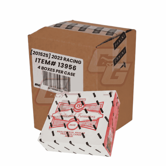 A large brown cardboard shipping box with a white printed label reading '2023 RACING' and '4 BOXES PER CASE,' with a smaller white and red Panini trading card display box placed in front on a white background.
