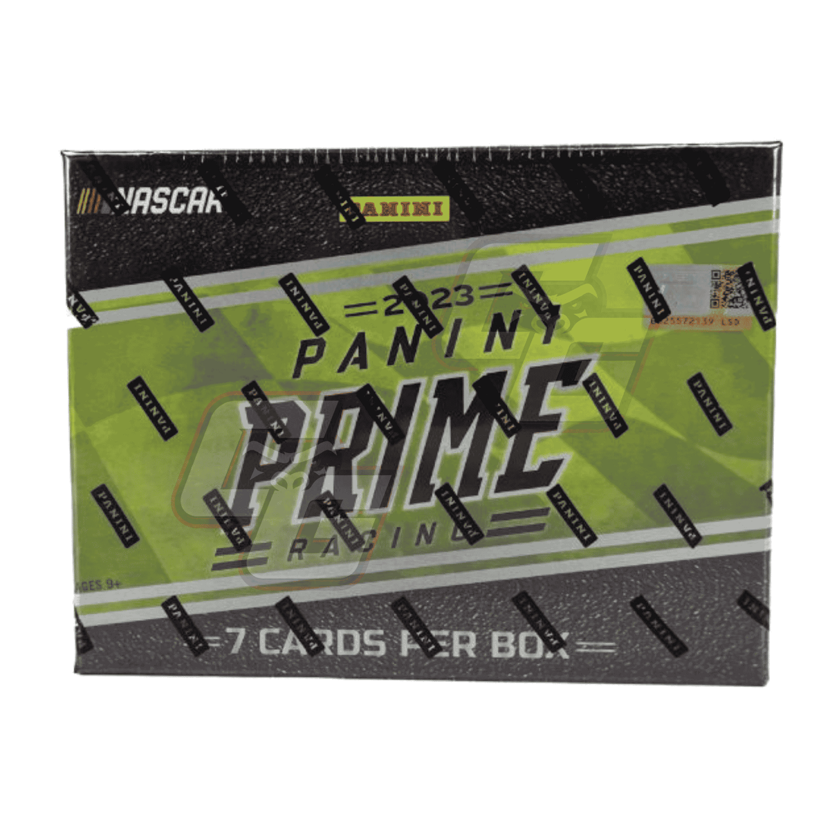 Panini Prime Racin 2023 NASCAR trading card box, featuring a lime green and black design with NASCAR and Panini branding.