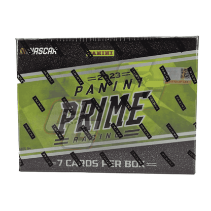 Panini Prime Racin 2023 NASCAR trading card box, featuring a lime green and black design with NASCAR and Panini branding.