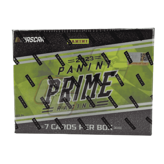 Panini Prime Racin 2023 NASCAR trading card box, featuring a lime green and black design with NASCAR and Panini branding.