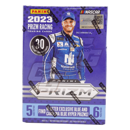 Panini 2023 Prizm Racing Trading Cards box featuring Dale Earnhardt Jr., with a purple and blue design and NASCAR branding.