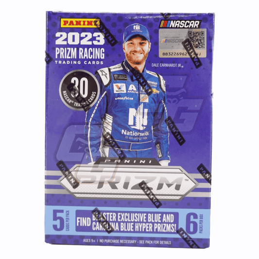 Panini 2023 Prizm Racing Trading Cards box featuring Dale Earnhardt Jr., with a purple and blue design and NASCAR branding.