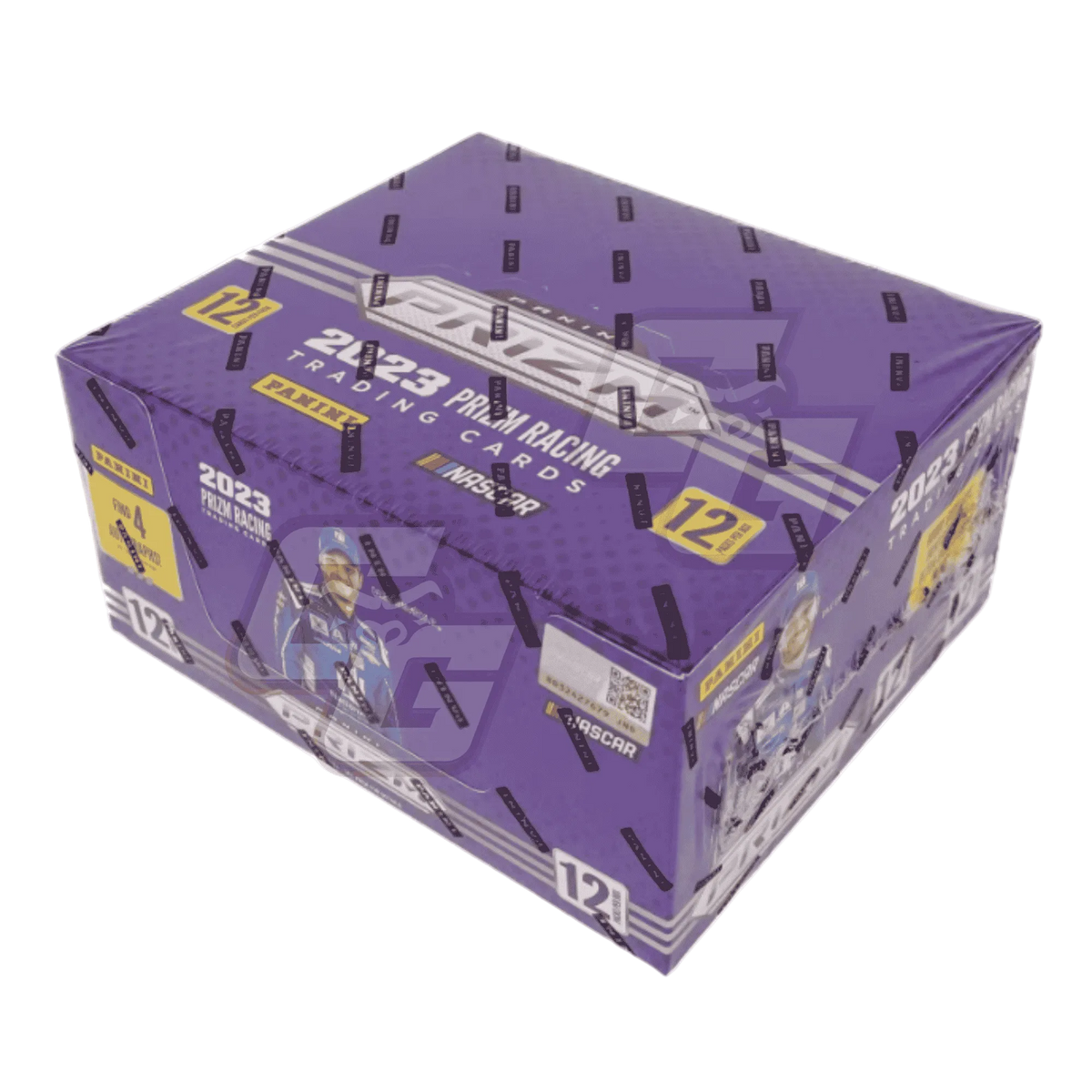 A sealed 2023 Panini Racing trading card booster box in purple packaging, photographed on a clean white background.