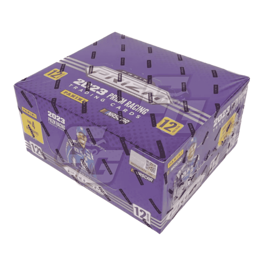 A sealed 2023 Panini Racing trading card booster box in purple packaging, photographed on a clean white background.