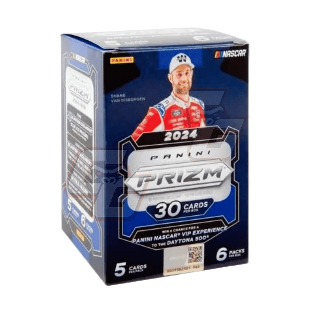 Panini Prizm 2024 NASCAR trading card box featuring Share Van Goozen, with a blue and silver design and NASCAR branding.