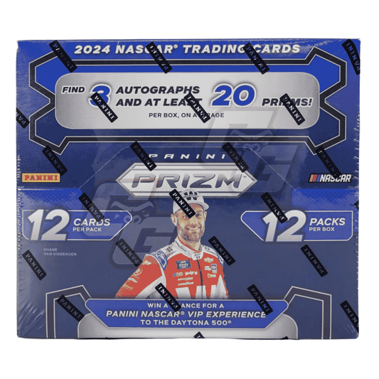 Panini Prizm 2024 NASCAR Trading Cards box featuring a blue and silver design with a NASCAR driver graphic and promotional text.