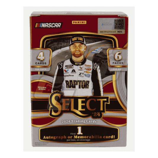 Panini NASCAR Select '24 2024 Trading Cards 1st Edition box, featuring a NASCAR and William Byron design on a red, gold, and black background.