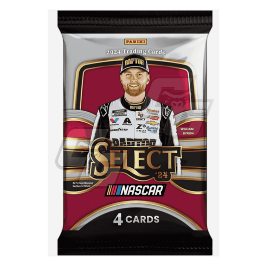 A sealed 2024 Panini NASCAR Select 24 trading card booster pack featuring William Byron on the front artwork, with a maroon, black, and gold design and text reading '4 Cards'.