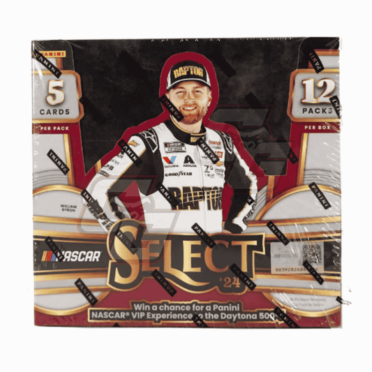Panini NASCAR Select '24 trading card booster box, sealed in plastic, featuring a NASCAR driver in a racing suit and helmet on the front.