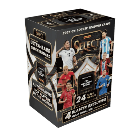 Panini Select 2025-26 Soccer Trading Cards Hoops Exclusive box, featuring a black and gold design with images of soccer players on the front and side panels.