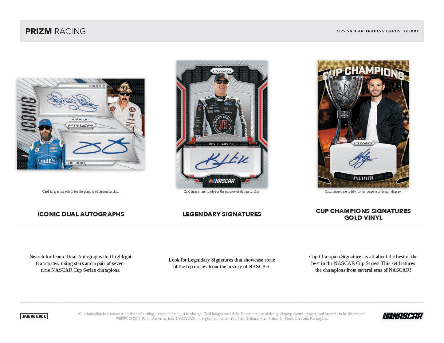 NASCAR trading card set with different autograph levels on a white background