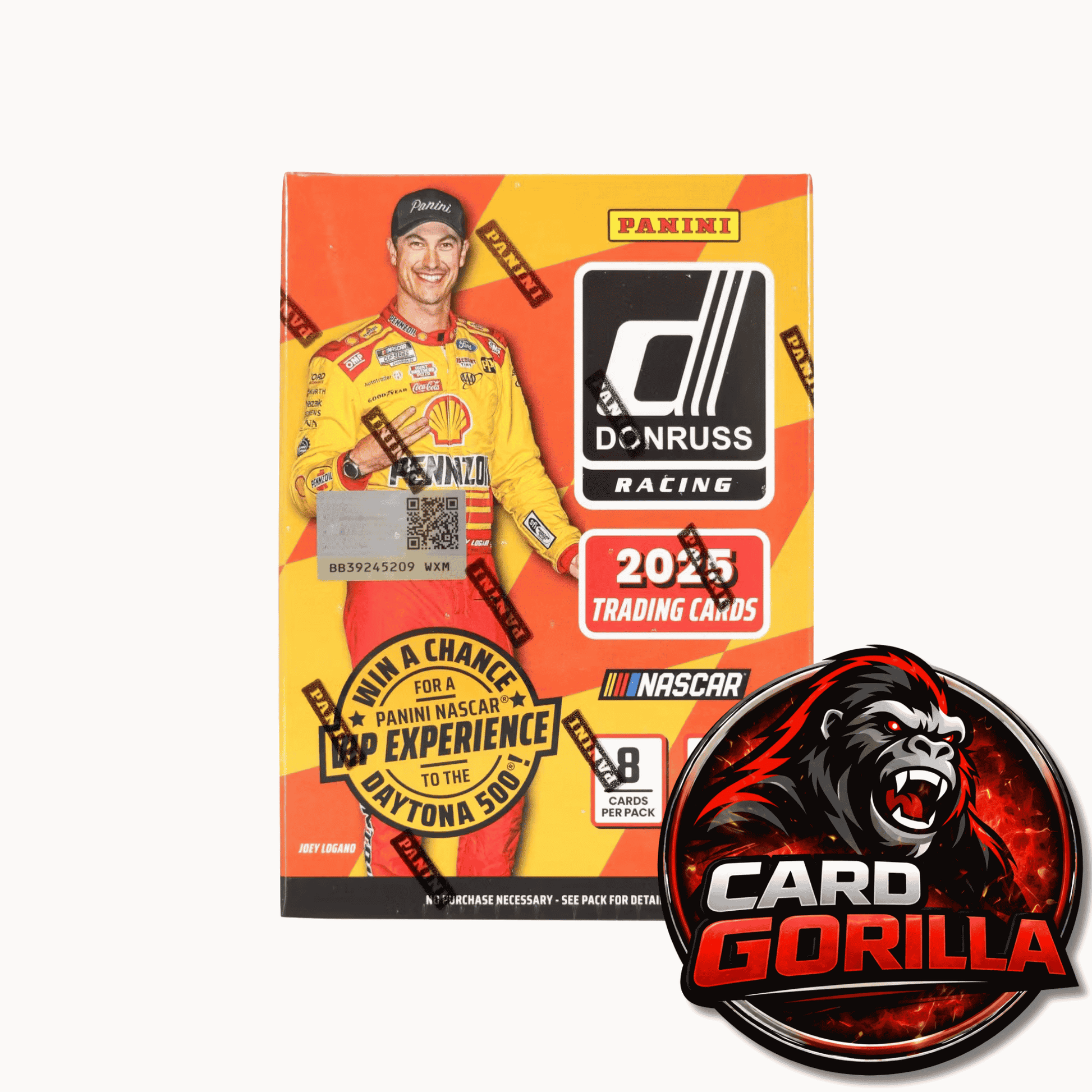 Panini 2025 Donruss Racing trading cards 10-pack box, featuring a yellow and red design with a NASCAR logo, alongside a circular Card Gorilla sticker overlay on a white background.