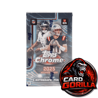 A Topps Chrome 2025 NFL trading card box shown on a white background, with a large Card Gorilla logo sticker in the lower right corner.