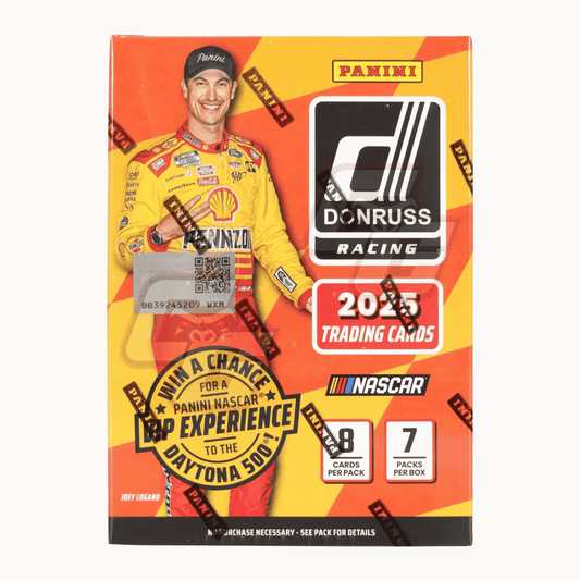 Panini 2025 Donruss Racing trading card box featuring Jeff Gordon, with NASCAR branding and a bright orange and yellow design.