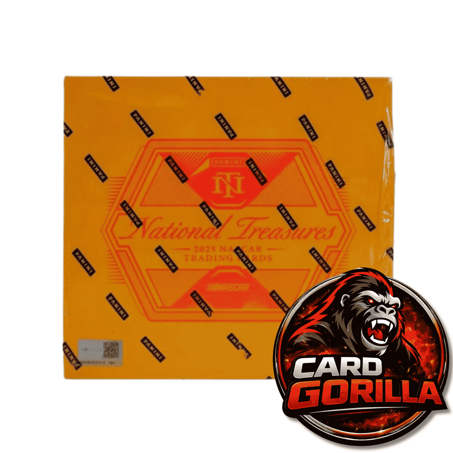 A sealed 2025 National Treas Pro Line trading card box by Panini, featuring a bright orange and yellow design with black repeated 'PANINI' logos. A circular 'Card Gorilla' mascot graphic is overlaid in the bottom right corner on a white background.
