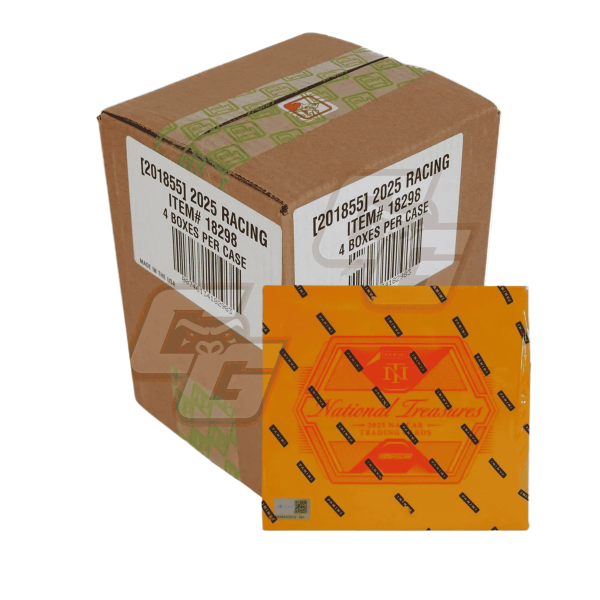 A sealed cardboard shipping case with a white printed label, shown next to an orange retail box featuring the 'Hollywood Racers' logo. The background is plain white.