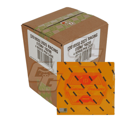 A sealed cardboard shipping case with a white printed label, shown next to an orange retail box featuring the 'Hollywood Racers' logo. The background is plain white.