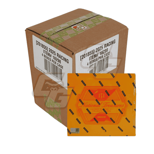 A sealed cardboard shipping case with a white printed label, shown next to an orange retail box featuring the 'Hollywood Racers' logo. The background is plain white.