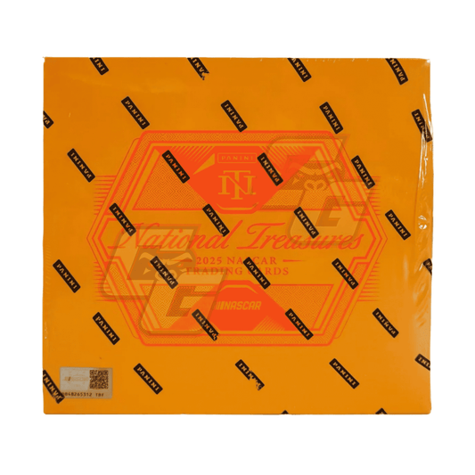 A sealed orange Panini NASCAR Treasure Trophies 2025 Racing Box on a plain white background.
