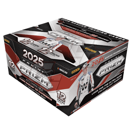 Panini Prizm 2025 NASCAR trading card 12-pack display box on a plain white background.