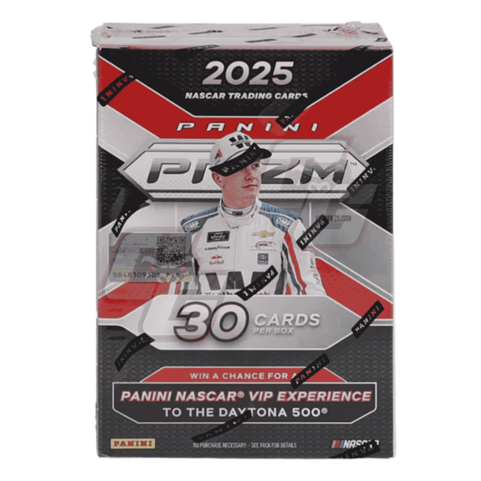Panini Prizm 2025 NASCAR Trading Cards 30-card booster box featuring a silver, black, and red design with a NASCAR driver graphic on the front.